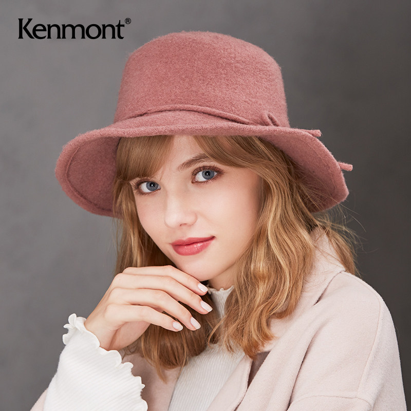 卡蒙英伦蝴蝶结圆顶礼帽女士秋冬季纯色保暖宽檐羊毛盆帽毛呢帽子