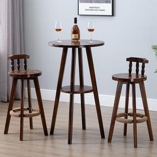 美式酒吧桌椅复古高脚凳组合咖啡厅实木碳化圆桌子休闲前台凳子