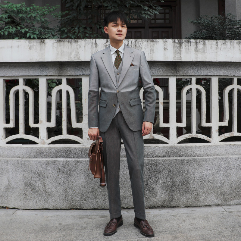 biggezi英伦复古风灰色拼接西服3件套装商务日常休闲绅士套装