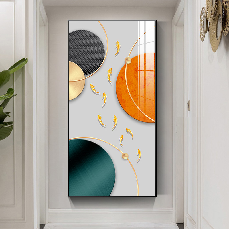 九鱼福至橙色轻奢玄关装饰画现代简约几何抽象竖版走廊尽头挂画