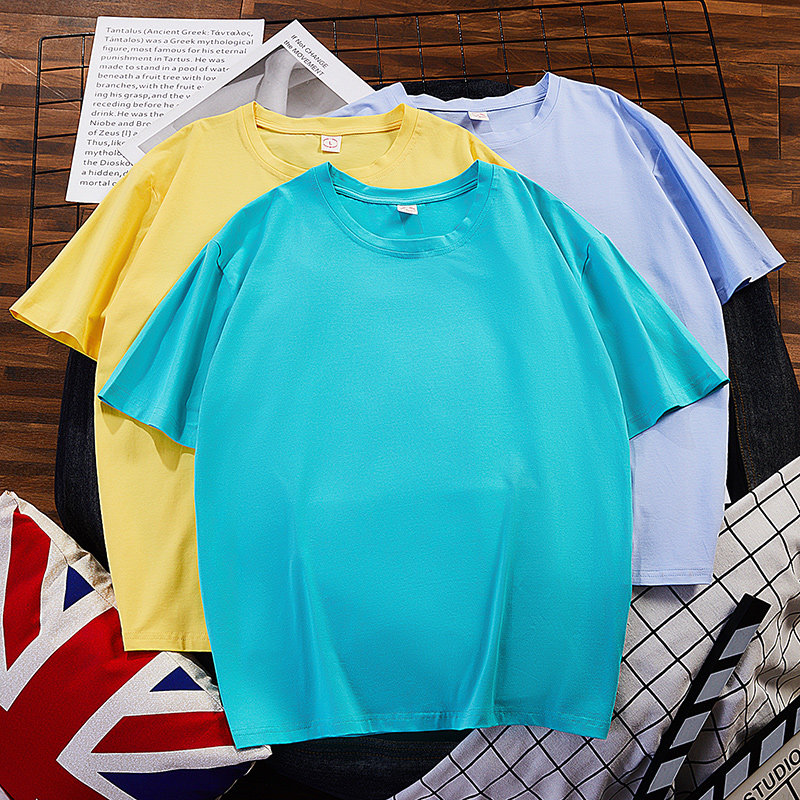 蓝绿色t恤纯棉短袖夏装2022男女同款半袖圆领体恤大码宽松上衣ins