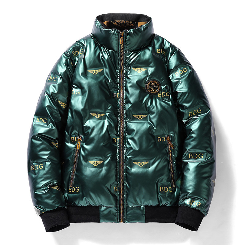 羽绒服男立领短款亮面轻奢bdg宾利印花烫金白鸭绒港风bf休闲外套
