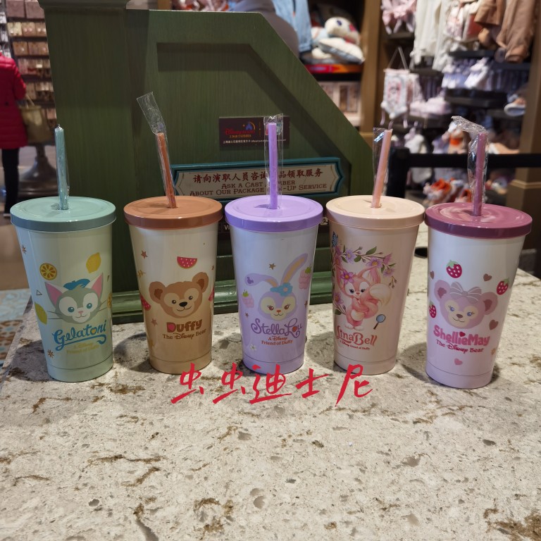 上海迪士尼乐园达菲雪莉玫星黛露托尼卡通不锈钢吸管水杯