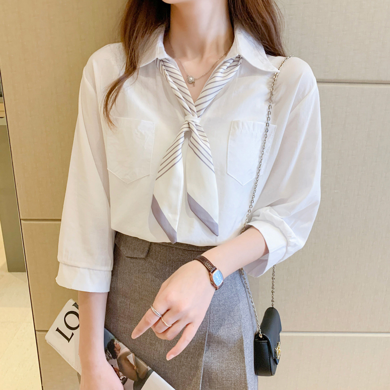 v领雪纺衬衫七分袖