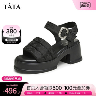 Tata他她休闲高跟鞋女款黑色魔术贴时装凉鞋2024夏季新款YFR01BL4