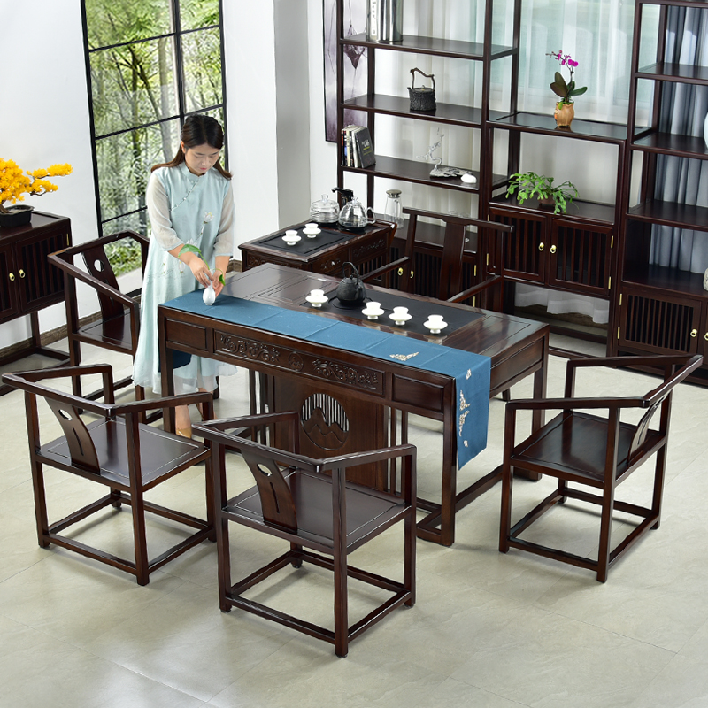 新中式茶桌椅组合茶台家用实木红木花梨乌金石客厅茶几办公室套装