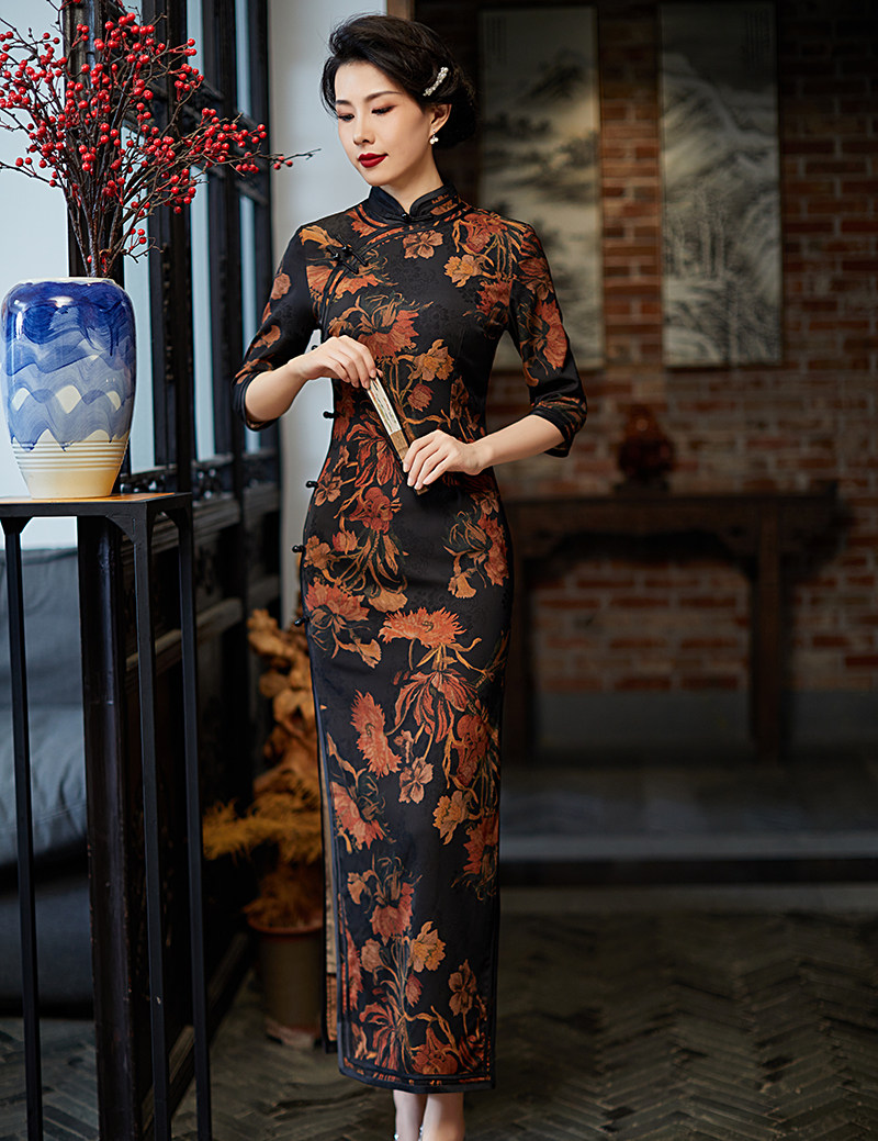 高级优雅旗袍2021年新款年轻款中袖春秋七分袖长款裙改良高档妈妈
