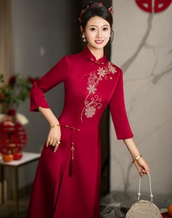 喜婆婆婚宴装旗袍小个子短款中袖中国风改良中式奥黛裙子妈妈喜服