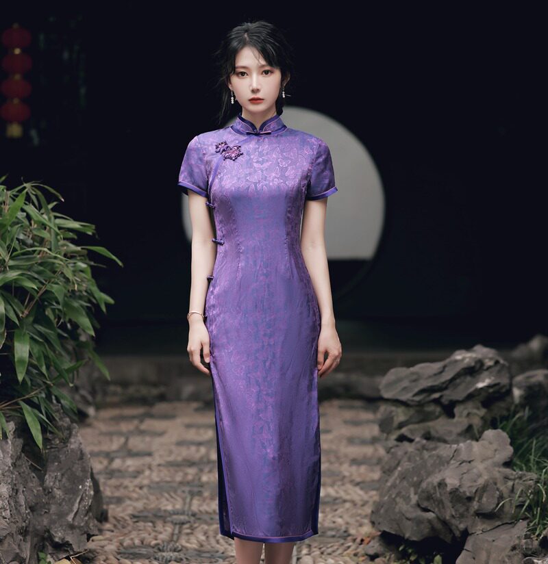 虞绣旗袍的优惠券大全—紫色旗袍2022年新款高考紫提
