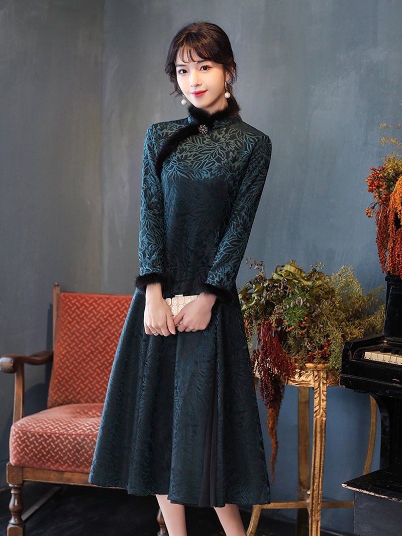 改良旗袍2022年新款秋冬款加绒加厚冬季老年祺袍妈妈长袖奥黛裙冬