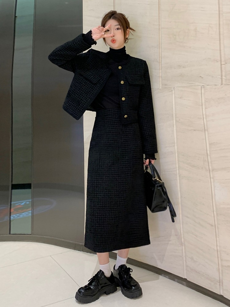 小香风套装冬季高级感外套气质名媛两件套裙子女秋冬小个子连衣裙