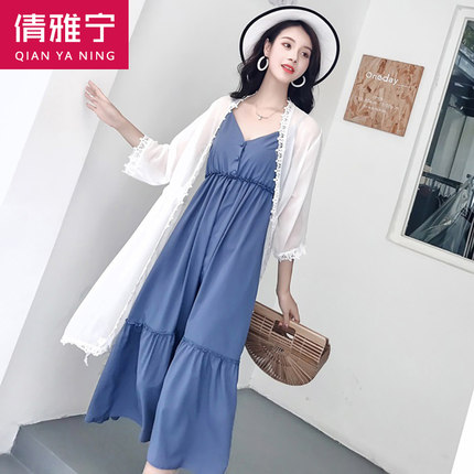 2018长裙女夏新款雪纺吊带连衣裙两件套开衫温柔风仙女套装