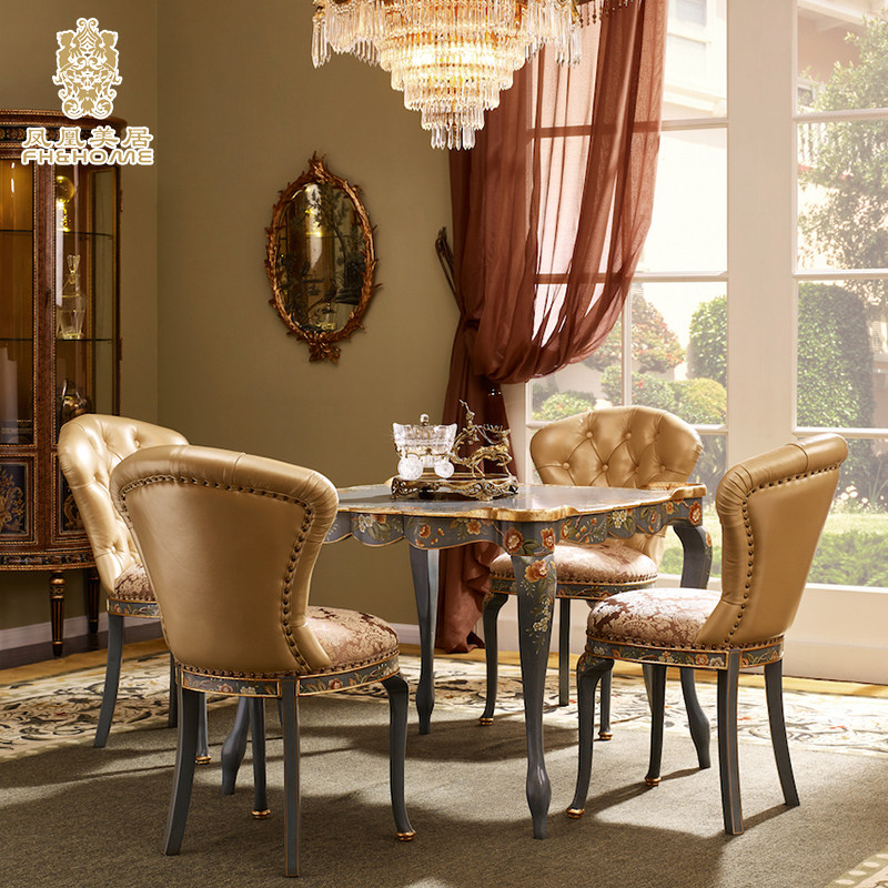 凤凰美居欧式法式奢华唯美金箔做旧浅蓝手绘棋牌桌椅下午茶方餐桌