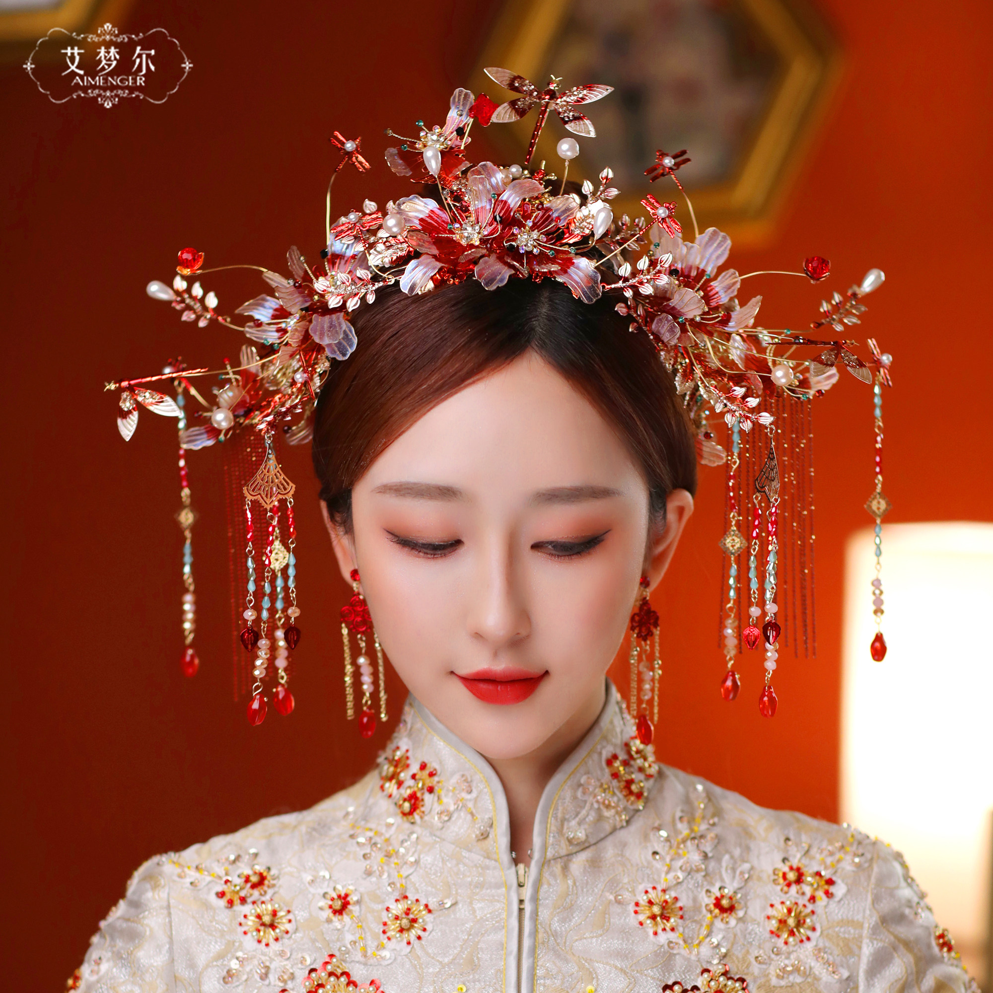 新娘秀禾头饰2021新款简约大气中式显脸小大气红色秀禾服头饰结婚