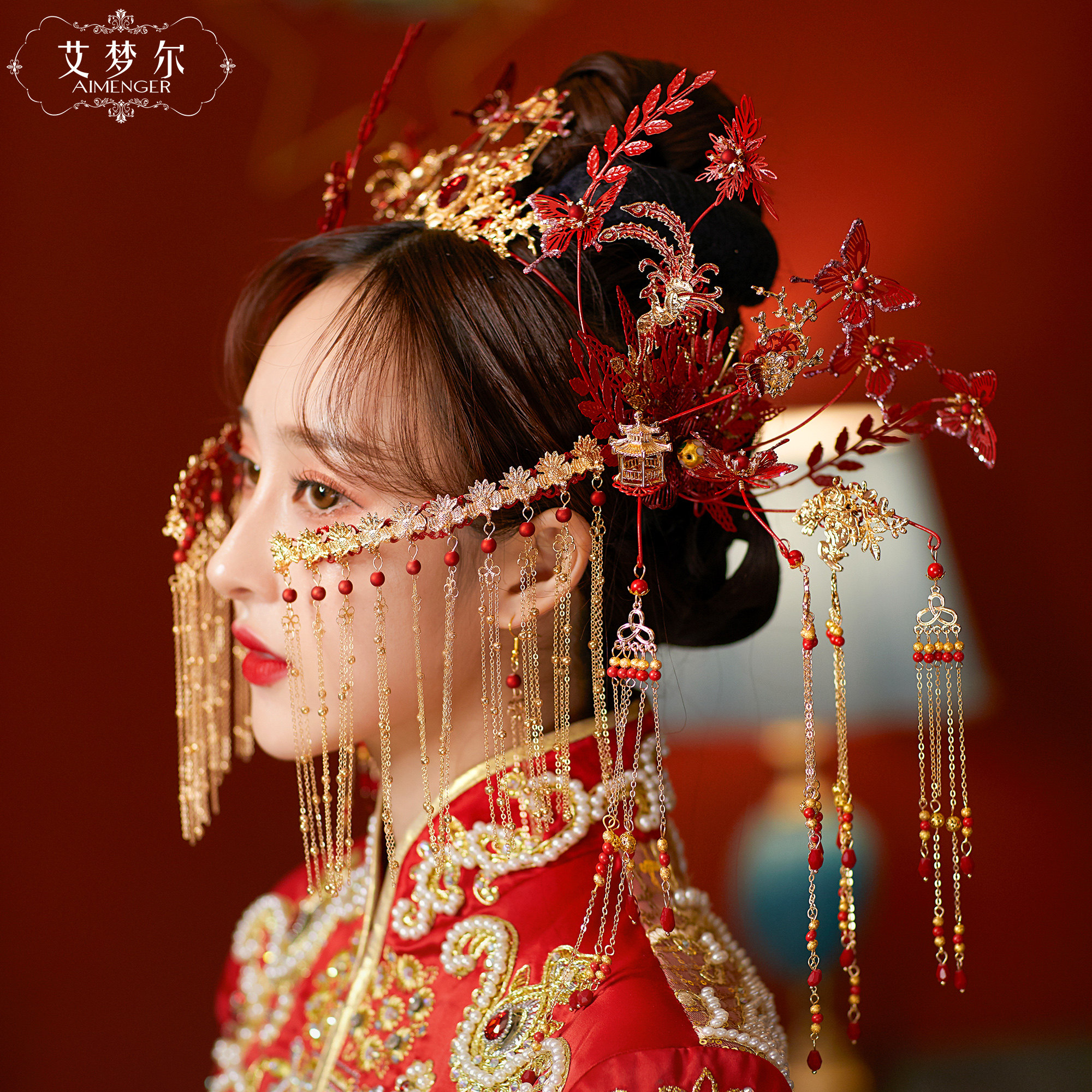 秀禾头饰新娘妆中式婚礼跟妆造型发饰大气复古面帘凤冠中国风发冠