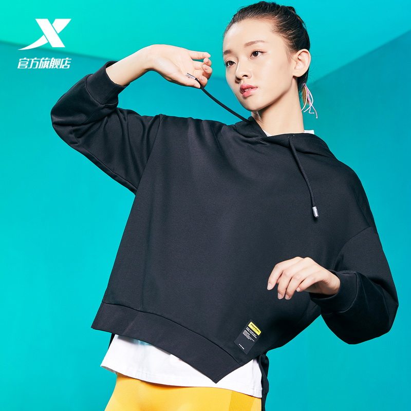 特步连帽卫衣女运动服春秋上衣宽松潮流落肩女装休闲运动套头外套