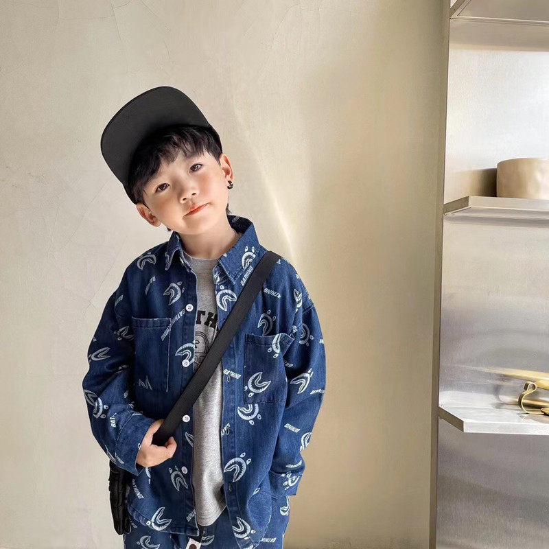 潮牌鲨鱼套装男童牛仔长袖衬衫长裤儿童休闲二件套模特儿春秋款男