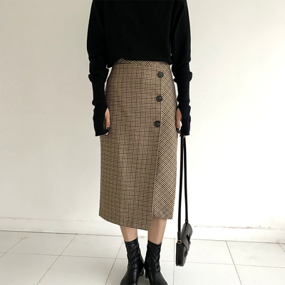 SMILEKAKI 欧美格子毛呢裙女秋冬显瘦不规则半身裙羊毛一