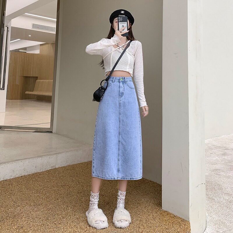 浅蓝色牛仔裙女士半身裙中长款a字后开叉包臀显瘦裙子过膝长裙夏