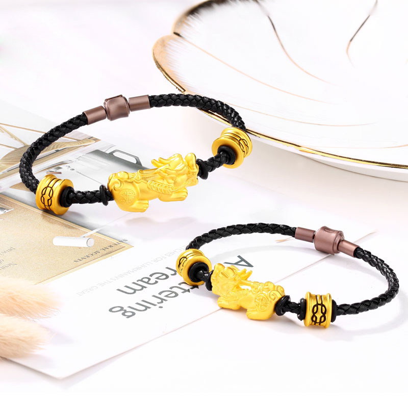 貔貅手链男黄金转运珠刺青貔恘皮绳手串女纯3d硬足金999皮丘麒麟