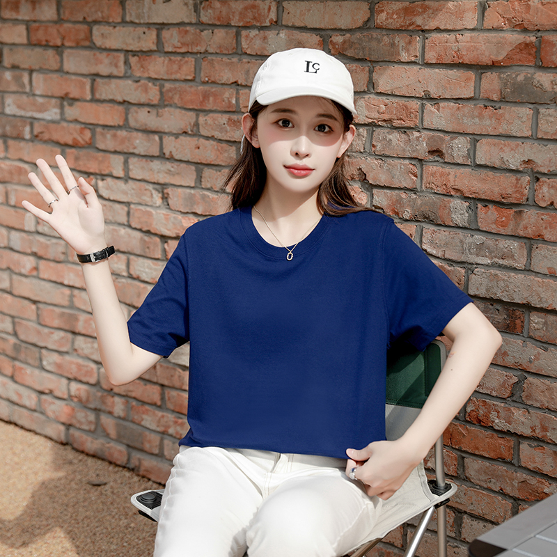 深蓝色t恤女短袖海蓝色纯棉宽松叠穿偏长t打底遮屁股上衣小圆领衫