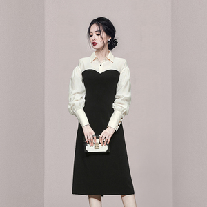 2022 spring new Korean Chiffon stitching contrast color slim fitting Lantern Sleeve temperament dress