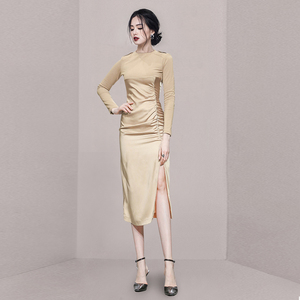 2022 spring new round neck long sleeve stitched waist slim wrap hip split dress