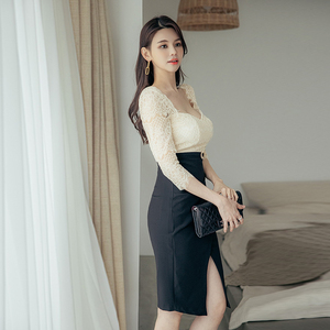 2022 Korean summer style dress lace stitching slim wrap hip slim dress