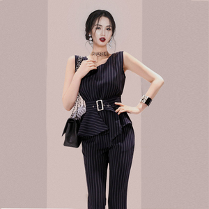 2021 summer Korean fashion temperament striped sleeveless top + high waist straight trousers two-piece set