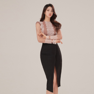 2022 spring round neck sexy wave dot mesh slim fit Top + high waist slim fit split Hip Wrap Skirt Set