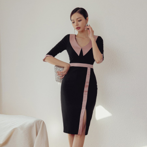 Color matching big v-lapel split slim dress