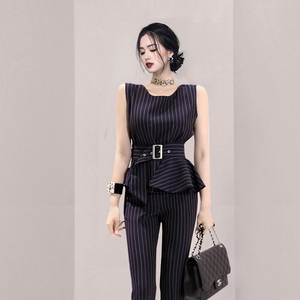 2021 summer Korean fashion temperament striped sleeveless top + high waist straight trousers two-piece set
