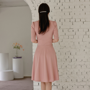 Pink V-neck pleated waist A-line dress