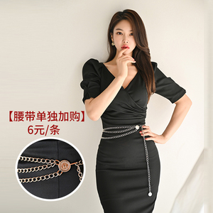 2022 spring Korean cross V-neck high waist metal chain slim dress belt purchased separately