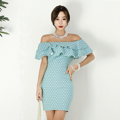 2018夏新款韩版女装一字双层荷叶领修身包臀短款波点连衣裙