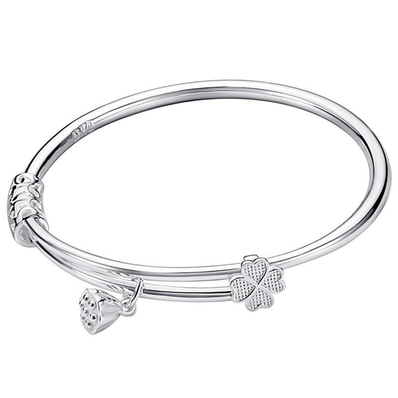 四叶草银手镯女999纯银年轻款带吊坠足银手环镯子简约时尚送女友