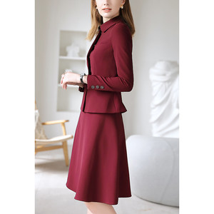 酒红色时尚小香风春秋高端职业装气质女神范套装洋气时尚西装套裙