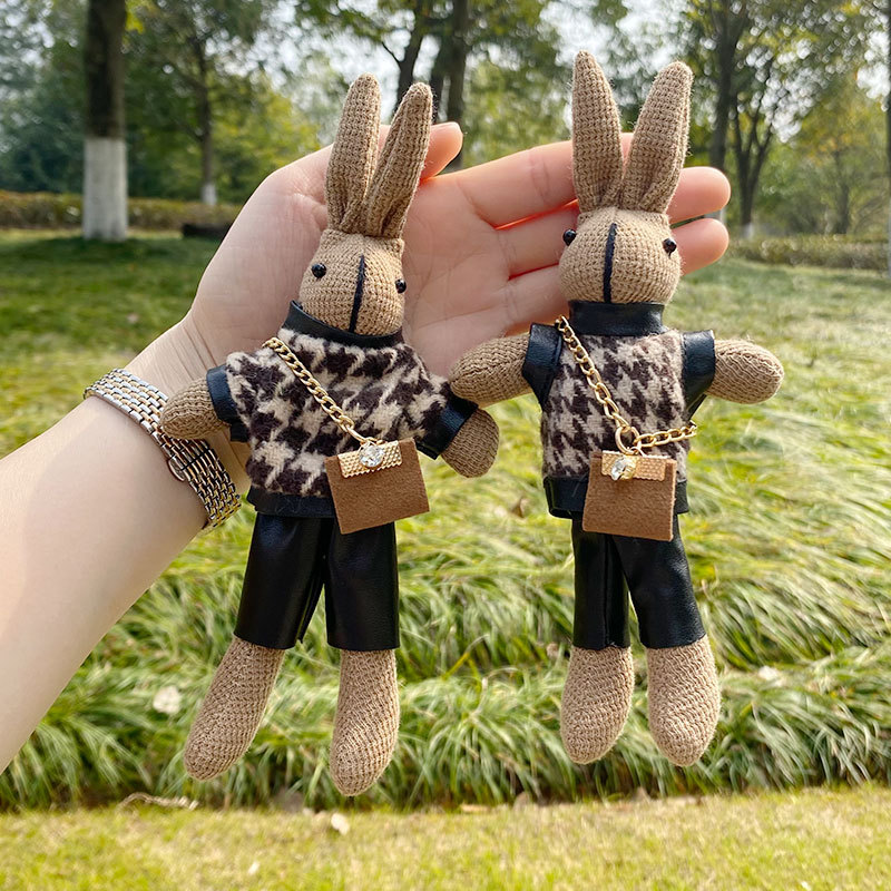 时尚千鸟格兔子可爱毛绒公仔挂件创意钥匙扣包包挂件毛绒玩具