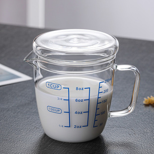 玻璃带刻度量杯家用微波炉带盖水杯带把儿童牛奶杯子早餐酸奶杯