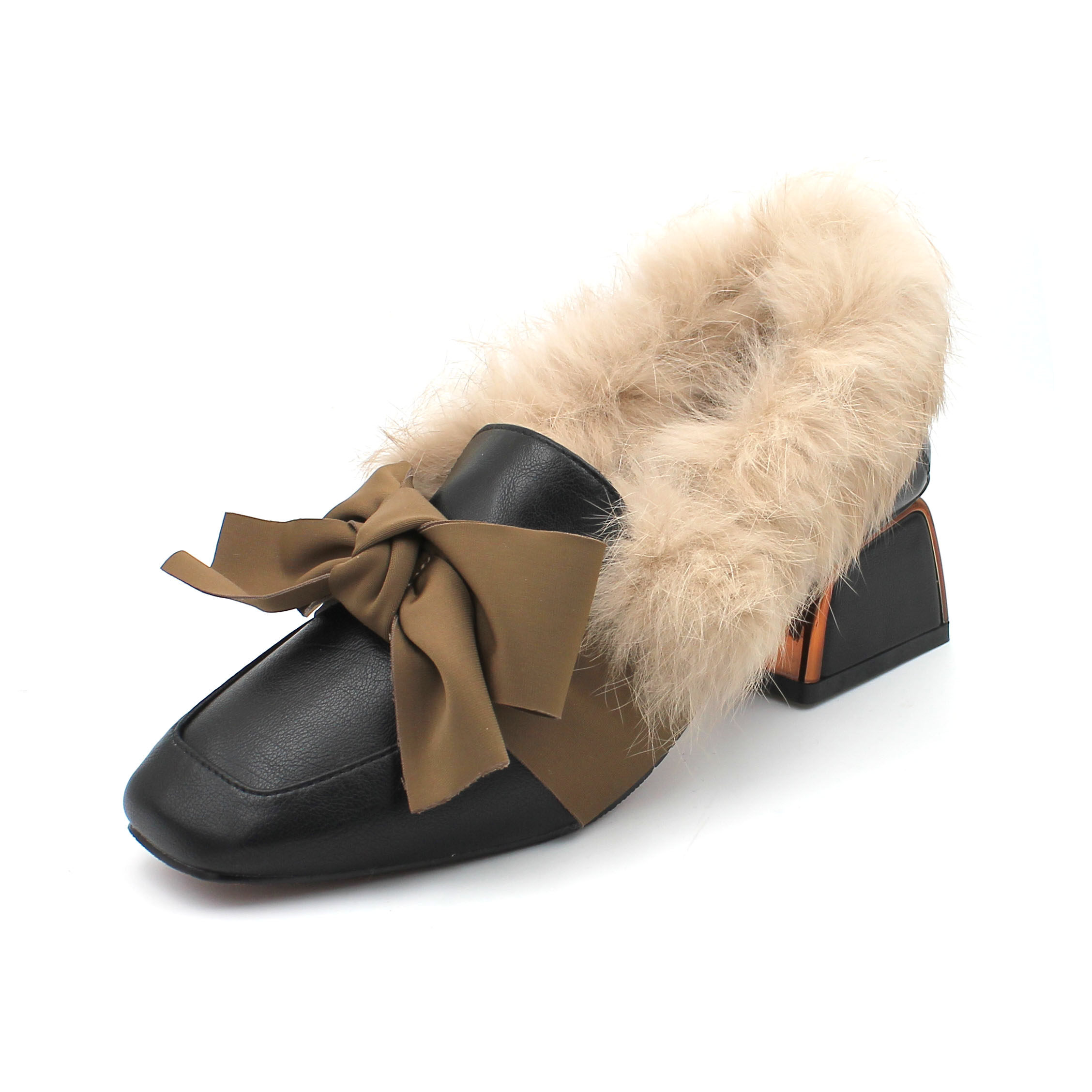 毛毛鞋女外穿2019新款百搭冬季加绒豆豆鞋网红小皮鞋粗跟高跟鞋冬