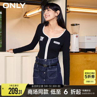 ONLY春秋时尚百搭复古美式方领撞色设计长袖短款T恤女|123301021