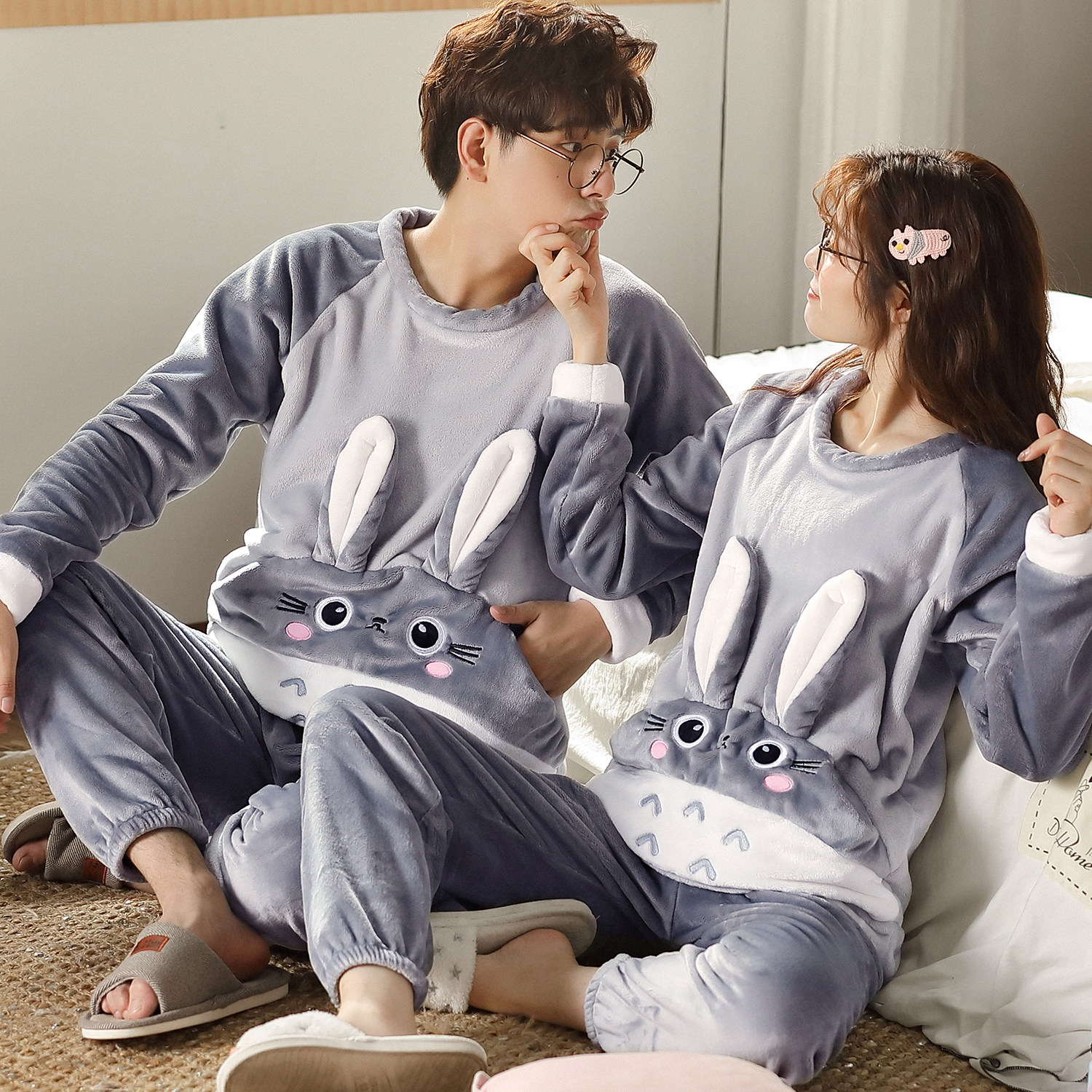 秋冬款加厚加绒可爱珊瑚绒情侣睡衣冬季男女卡通甜美保暖套装冬天