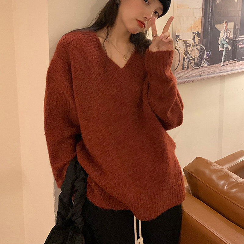 百思朵铁锈红v领毛衣女慵懒风复古设计感小众宽松套头针织衫上衣