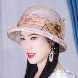 复古风雪纺盆帽女夏季洋气妈妈帽中老年优雅花朵遮阳帽小沿碎花帽
