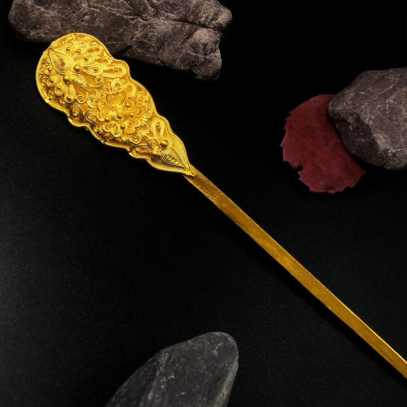 纯银镀金唐风发簪压鬓蝶恋花琵琶古典宫廷花丝汉服婚礼明制头发饰