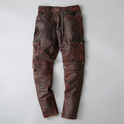 新款真皮皮裤男修身哈雷机车多口袋工装裤头层做旧牛皮