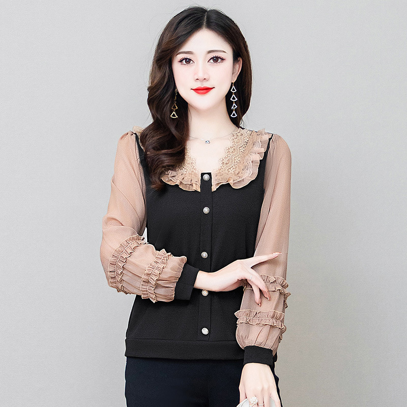 2022春季新款妈妈时尚假两件小衫中青年女士娃娃领长袖短衬衫上衣