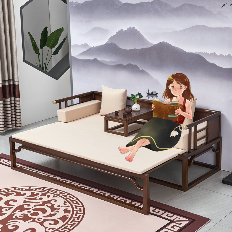 罗汉床推拉式新中式实木小户型床塌可伸缩乌金木沙发床卧榻贵妃椅