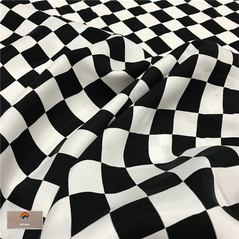 棋盘格黑白格子重磅铜氨丝砂洗真丝质感面料服装连衣裙衬衫裤布料