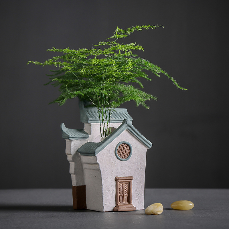 中式江南微景观禅意创意个性小房子文竹花盆桌面绿植盆栽建筑摆件